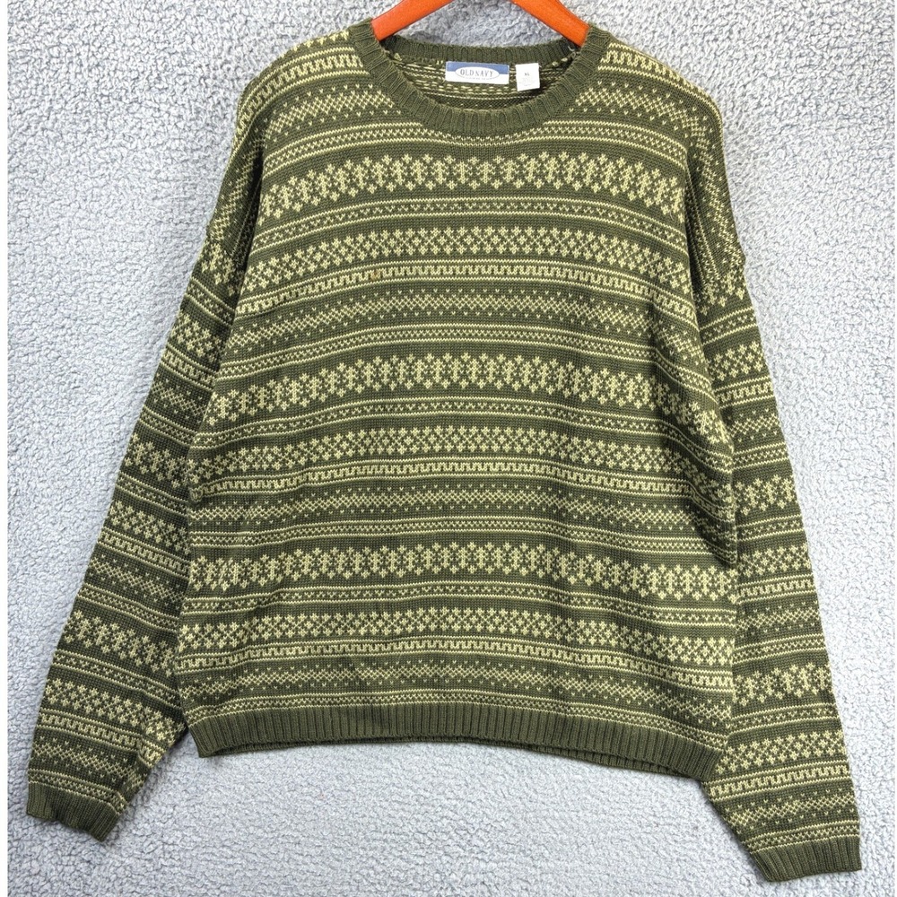 Old Navy Fair Isle Knit Sweater Pullover Mens XL Olive Green Wool Blend Cozy